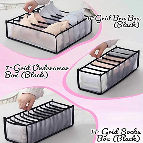 Underwear Organizer - Drawer Dividers, Set of 3 Includes 6+7+11 Cell Collapsible Closet Cabinet Storage Boxes for Organizing Lingerie, Underwear, Bras, Socks, Ties (6+7+11 Cell, Black)