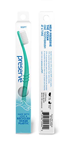 Preserve Ocean Plastic Initiative (POPI) Adult Toothbrush, Made in USA from Recycled Ocean Plastic, Neptune Green, Soft, 6 Count