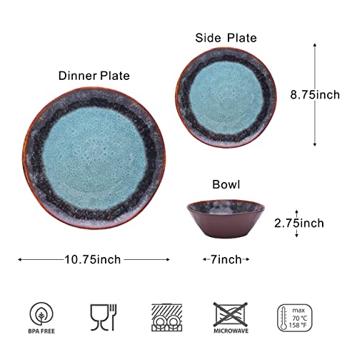 Gufaith Melamine Dinnerware Sets 12 Pcs, Plates and Bowls Sets for 4, Camping Plates, Unbreakable Dinnerware Set, Melamine Plates, Lightweight, BPA free, Dishwasher Safe, Blue with Brown