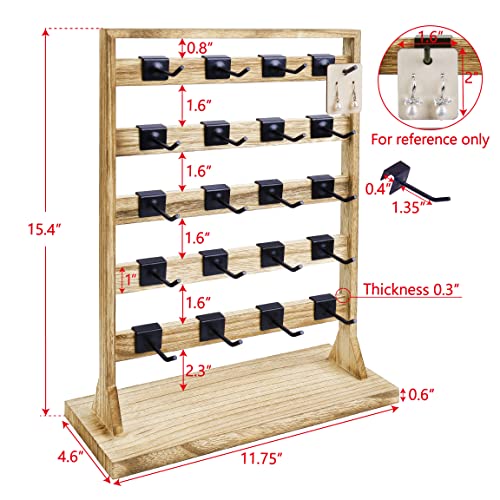 Ikee Design Wooden Jewelry Display Rack with 20 Hooks, Earring Card Display Holder Stand with Hooks, Jewelry Tower for Earring Cards, Necklaces, Keychains, Oak Color