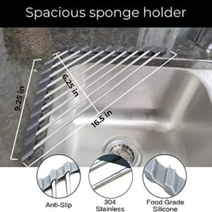 Roll Up Sponge Holder for Counter, Sink Organizer for Kitchen, Bathroom, Laundry Room, 304-Stainless Steel Sink Organizer for Sponge, Brush, Scrubber, Soap Dispenser Holder, Dish Drying Rack(Black)