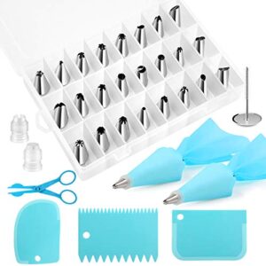 kincown piping bags and tips set, 33pcs frosting piping kit with 24 stainless steel piping tips, 2 reusable silicone pastry bags, 2 couplers and 3 icing smoother, piping tips set with storage case