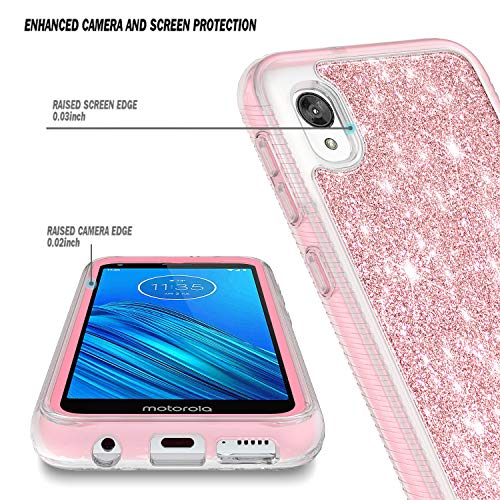 NZND Case for Motorola Moto E6 with Built-in Screen Protector, Full-Body Protection Bumper Shockproof Protective, Impact Resist Durable Cute Phone Case Cover -Glitter Shiny Bling Rose Gold