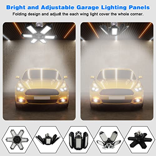 POLARPRA 2 Pack LED Garage Lights 80W Garage Lighting - 16000LM 6500K Garage Light Ceiling LED with 6 Multi-Position Panels Screw in E26/E27 Garage LED Light for Basement Workshop Warehouse Attic