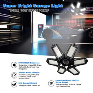 POLARPRA 2 Pack LED Garage Lights 80W Garage Lighting - 16000LM 6500K Garage Light Ceiling LED with 6 Multi-Position Panels Screw in E26/E27 Garage LED Light for Basement Workshop Warehouse Attic