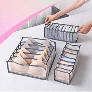 underwear organizer drawer divider 3 set 6 7 11 cell foldable underbed closet clothes sorting storage box for organizing socks lingerie bras ties washable large capacity combination bins (grey)