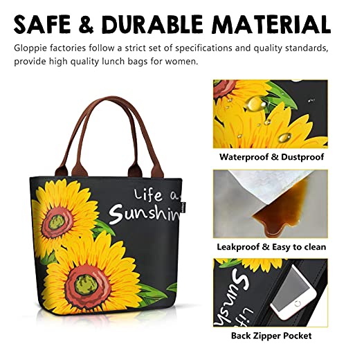 Gloppie Insulated Lunch Bags for Women Lunch Box Leak Proof Cooler Tote Purse Large Food Container Meal Prep for Work Beach Picnic 9L Maple Leaf + Sunflower