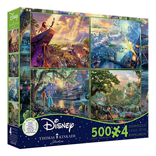 Ceaco Thomas Kinkade The Disney Collection 4 in 1 Multipack & Thomas Kinkade The Disney Dreams Collection 4 in 1 Multipack Lion King, Peter Pan, Princess & The Frog, & Jungle Book Jigsaw Puzzles