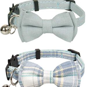 Gyapet Cat Collar Breakaway Bowtie Safety with Bell Adjustbale Kitten Puppy Solid Plaid Color Set D-[2pcs] Blue