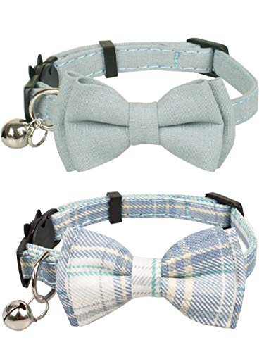 Gyapet Cat Collar Breakaway Bowtie Safety with Bell Adjustbale Kitten Puppy Solid Plaid Color Set D-[2pcs] Blue