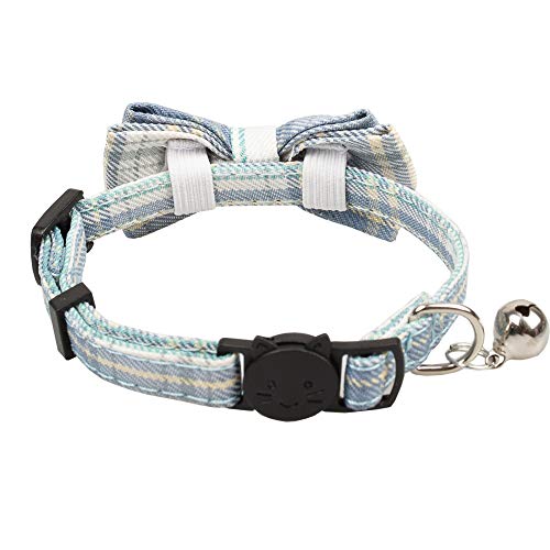 Gyapet Cat Collar Breakaway Bowtie Safety with Bell Adjustbale Kitten Puppy Solid Plaid Color Set D-[2pcs] Blue