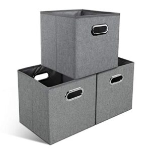 yoofan 11x11x11 foldable storage bins -storage cube boxes with metal handles for closet shelves cube organizer, grey, set of 3