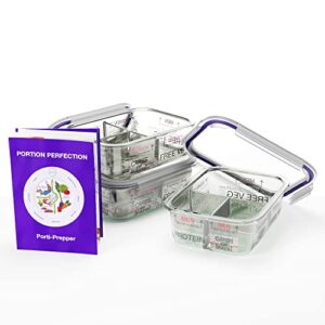 portion perfection portion control container - glass meal prep containers reusable for food/lunchbox 3pk, oven-safe, 3 compartment with lids, practical weight control, clear instruction guide