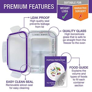 Portion Perfection Portion Control Container - Glass Meal Prep Containers Reusable for Food/Lunchbox 3pk, Oven-safe, 3 Compartment with Lids, Practical Weight Control, Clear Instruction Guide