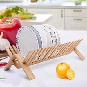 ZSQAI Kitchen shelf- Dish Drying Rack Bamboo Dish Rack plate rack Collapsible Dish Drainer, dish drying rack Wooden Plate Rack