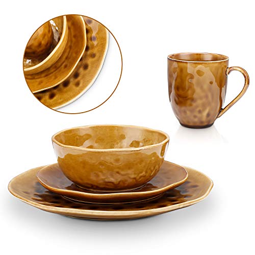 Stone Lain Porcelain 16 Piece Dinnerware set, Thumbprint Pattern, Brown