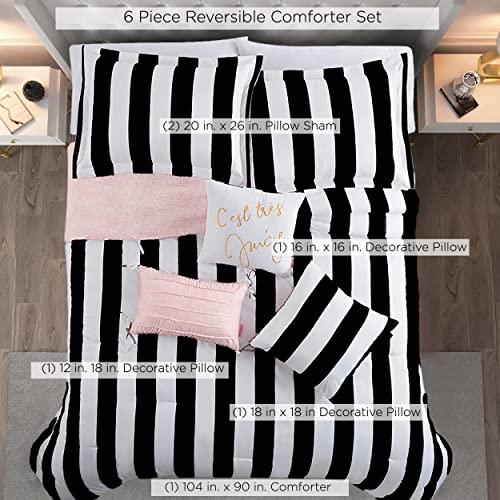 Juicy Couture JYZ010171 Cabana Stripe 6-Piece Reversible Set, King, Canaba Stripe Black