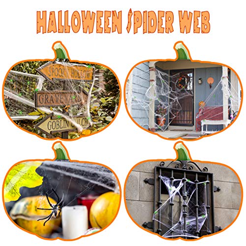 WXJ13 Halloween Decorations Spider Webs with 200 Glow Spiders Spooky Spider Webbing with 2 Black Fake Spiders for Halloween Party Decorations