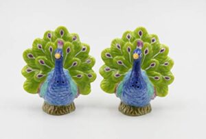 fine porcelain peacock open fan tail salt & pepper shakers set, 3-1/8" h