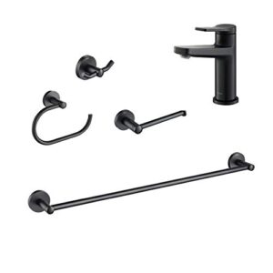 kraus indy single handle bathroom faucet with 24-inch towel bar, paper holder, towel ring and robe hook in matte black