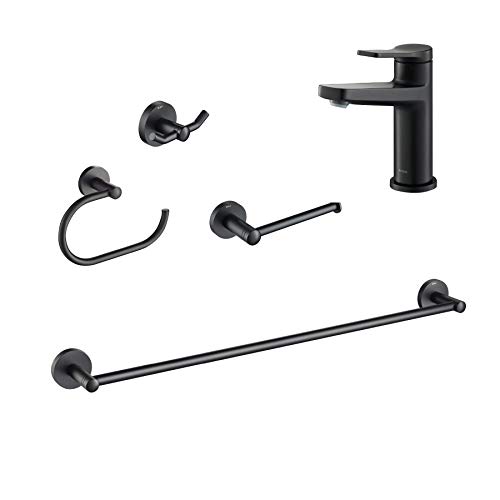 KRAUS Indy Single Handle Bathroom Faucet with 24-inch Towel Bar, Paper Holder, Towel Ring and Robe Hook in Matte Black