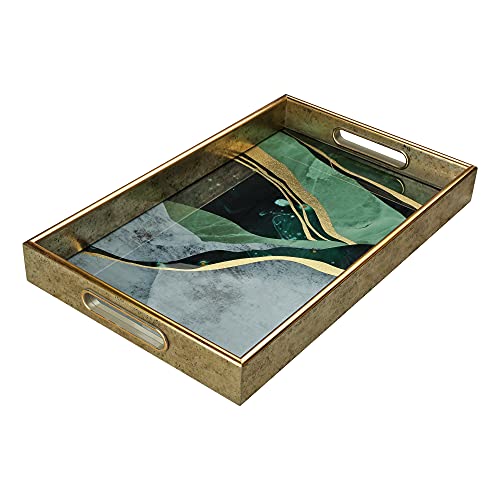 Serving Tray –Coffee Table Tray –Elegant Decorative Tray –PS and Printed Glass Table Tray –Practical and Sturdy Design–Easy to Clean and Washable–Ideal for Coffee,Breakfast,Dessert