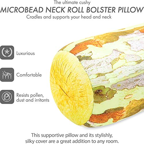 PILLOWY Microbead Log Roll Pillow - Bolster Tube Pillow Cushion Perfect Therapy Pillow - Airy Squishy Soft Bead Bag Bed Room Decoration, Neck Pillow Back Head Body Support, 14" X 8", Forest