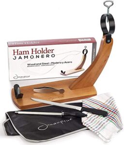 ham serrano kit: ham stand jamonprive with non-slip pads + ham carving knife + ham cover black + ham tongs