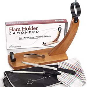 Ham Serrano Kit: Ham Stand Jamonprive with Non-slip Pads + Ham Carving Knife + Ham Cover Black + Ham Tongs