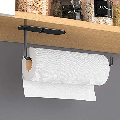 HUFEEOH Paper Towel Holder Under Cabinet Wall Mount for Kitchen Paper Towel, Black Adhesive Paper Towel Roll Rack for Bathroom Towel, SUS304 Stainless Steel