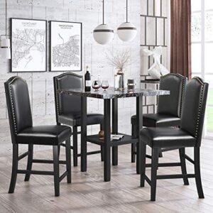 lz leisure zone 5 piece dining table set, kitchen table set wood marble veneer table with bottom shelf and 4 pu leather chairs with nail head trim (black+black, 5 piece)