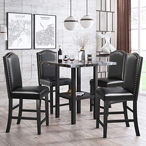 LZ LEISURE ZONE 5 Piece Dining Table Set, Kitchen Table Set Wood Marble Veneer Table with Bottom Shelf and 4 PU Leather Chairs with Nail Head Trim (Black+Black, 5 Piece)