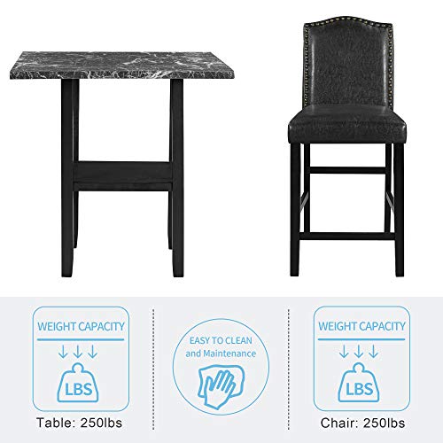 LZ LEISURE ZONE 5 Piece Dining Table Set, Kitchen Table Set Wood Marble Veneer Table with Bottom Shelf and 4 PU Leather Chairs with Nail Head Trim (Black+Black, 5 Piece)