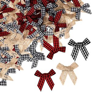60 pieces christmas mini burlap plaid bows black red white gingham craft ribbon bow flowers appliques for sewing, scrapbooking, xmas tree home decoration diy making
