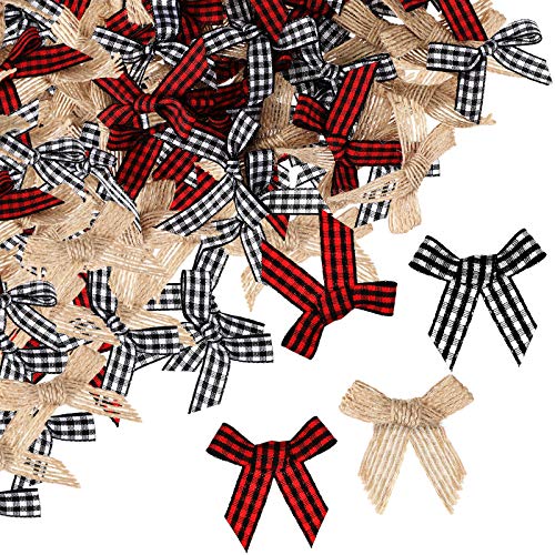 60 Pieces Christmas Mini Burlap Plaid Bows Black Red White Gingham Craft Ribbon Bow Flowers Appliques for Sewing, Scrapbooking, Xmas Tree Home Decoration DIY Making