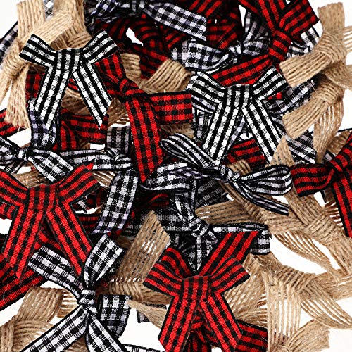 60 Pieces Christmas Mini Burlap Plaid Bows Black Red White Gingham Craft Ribbon Bow Flowers Appliques for Sewing, Scrapbooking, Xmas Tree Home Decoration DIY Making