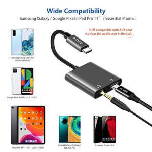 AGVEE 2-in-1 USB-C to 3.5mm Microphone Headphone Adapter, Type-C Mic AUX Earbud Splitter, USBC Audio Earphone Converter, PD 27W Charger Dongle for Samsung S21 S20 Note 20/10, iPad Pro, Pixel, Gray