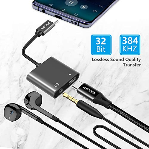 AGVEE 2-in-1 USB-C to 3.5mm Microphone Headphone Adapter, Type-C Mic AUX Earbud Splitter, USBC Audio Earphone Converter, PD 27W Charger Dongle for Samsung S21 S20 Note 20/10, iPad Pro, Pixel, Gray