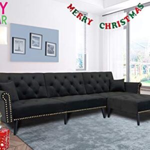 Zushule Convertible Sectional Couch with Chaise Lounge for Living Room, Comfy Velvet Fabric L-Shaped Reversible Reclining Sofa with 3 Seats and Pillows, for Small Apartment and Spaces - (Black)