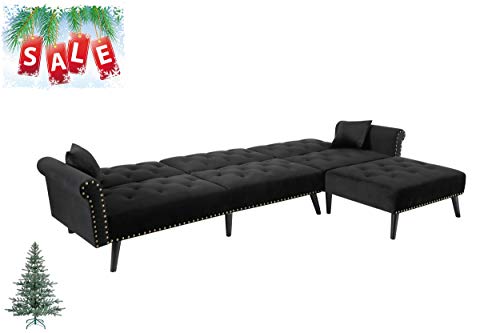 Zushule Convertible Sectional Couch with Chaise Lounge for Living Room, Comfy Velvet Fabric L-Shaped Reversible Reclining Sofa with 3 Seats and Pillows, for Small Apartment and Spaces - (Black)