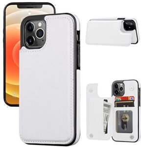 joyaki wallet case compatible with iphone 12 pro/12,slim protective case with card holder,premium pu leather kickstand card slots case with a screen protective glass for iphone 12pro/12(6.1")-white