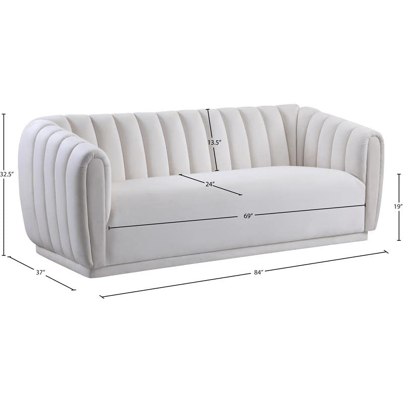 Meridian Furniture 674Cream-S Dixie Collection Modern | Contemporary Velvet Upholstered Sofa with Deep Channel Tufting, 84" W x 37" D x 32.5" H, Cream