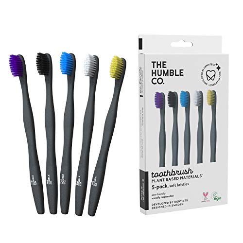 The Humble Co. Natural Toothbrush (5pk) - Sustainable, Vegan Eco Friendly Toothbrushes with BPA Free Bristles, Plant Based Black Toothbrush for Superior Oral Care (Soft Bristles)