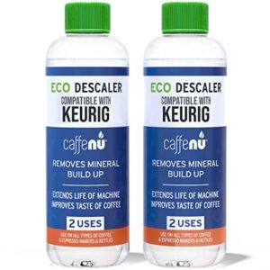 caffenu descaling solution for keurig machines (2 bottles - 4 uses). universal descaler compatible with keurig, breville, nespresso & all other espresso machines. removes limescale