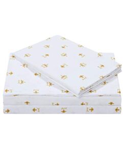 juicy couture – sheet set | queen bee design bed sheets| twin size bedding | 3 piece set fitted sheet, flat sheet and pillowcase | deep pockets, wrinkle resistant and anti pilling | white and gold