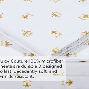 Juicy Couture – Sheet Set | Queen Bee Design Bed Sheets| Twin Size Bedding | 3 Piece Set Fitted Sheet, Flat Sheet and Pillowcase | Deep Pockets, Wrinkle Resistant and Anti Pilling | White and Gold