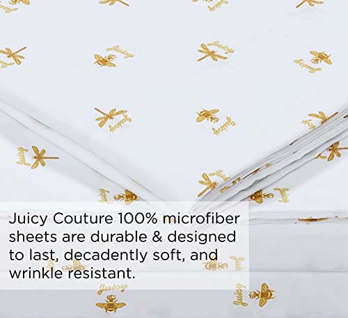 Juicy Couture – Sheet Set | Queen Bee Design Bed Sheets| Twin Size Bedding | 3 Piece Set Fitted Sheet, Flat Sheet and Pillowcase | Deep Pockets, Wrinkle Resistant and Anti Pilling | White and Gold