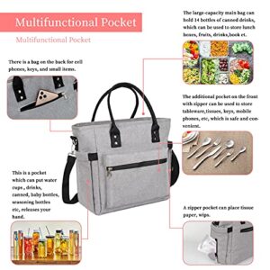 XUANQIFC Insulated Adult Lunch Bag For Women Thermal Food Storage Tote Bags Water Resistant Ice Cooler with Long Shoulder Strap Large Lunch Boxes For Men Picnic Working Outing (Grey)