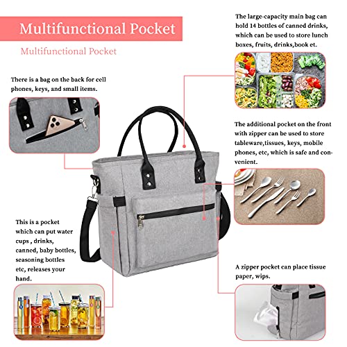 XUANQIFC Insulated Adult Lunch Bag For Women Thermal Food Storage Tote Bags Water Resistant Ice Cooler with Long Shoulder Strap Large Lunch Boxes For Men Picnic Working Outing (Grey)