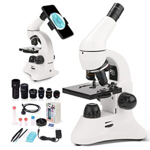 microscope for adults students, 40x-2000x magnification dual led illumination metal body optical glass lens beginners monocular microscope with prepared slides phone adapter